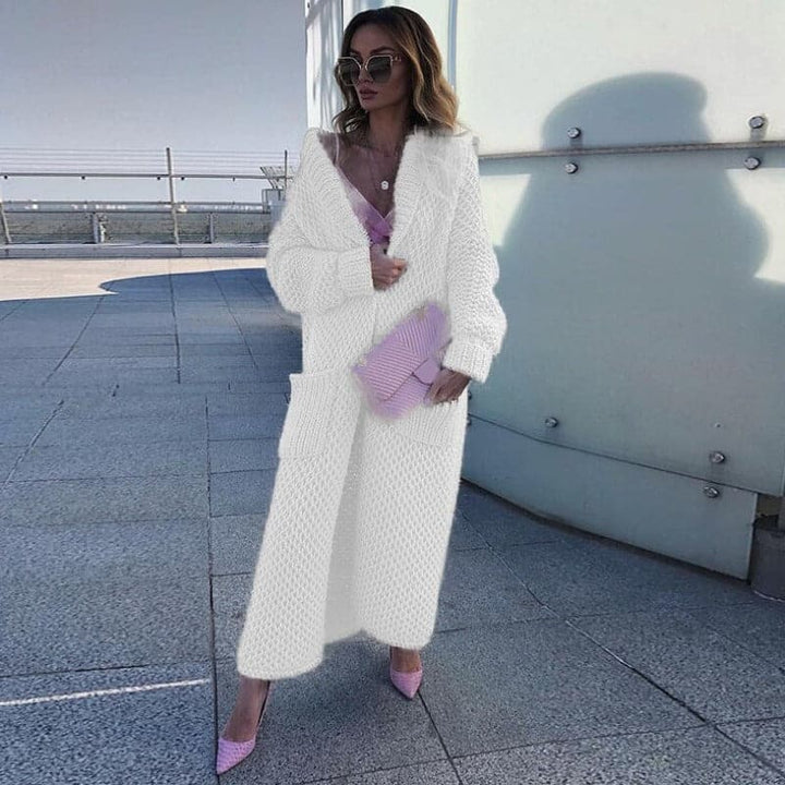 Women's Long Knitted Cardigan - Open Front - Chunky Knit - With Large Pockets