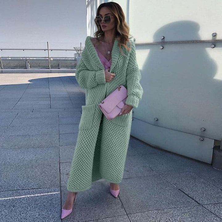 Women's Long Knitted Cardigan - Open Front - Chunky Knit - With Large Pockets
