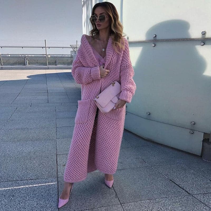Women's Long Knitted Cardigan - Open Front - Chunky Knit - With Large Pockets