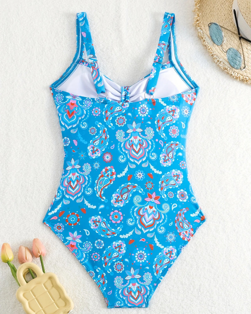 One-Piece Swimsuit with Folded Floral Patterns