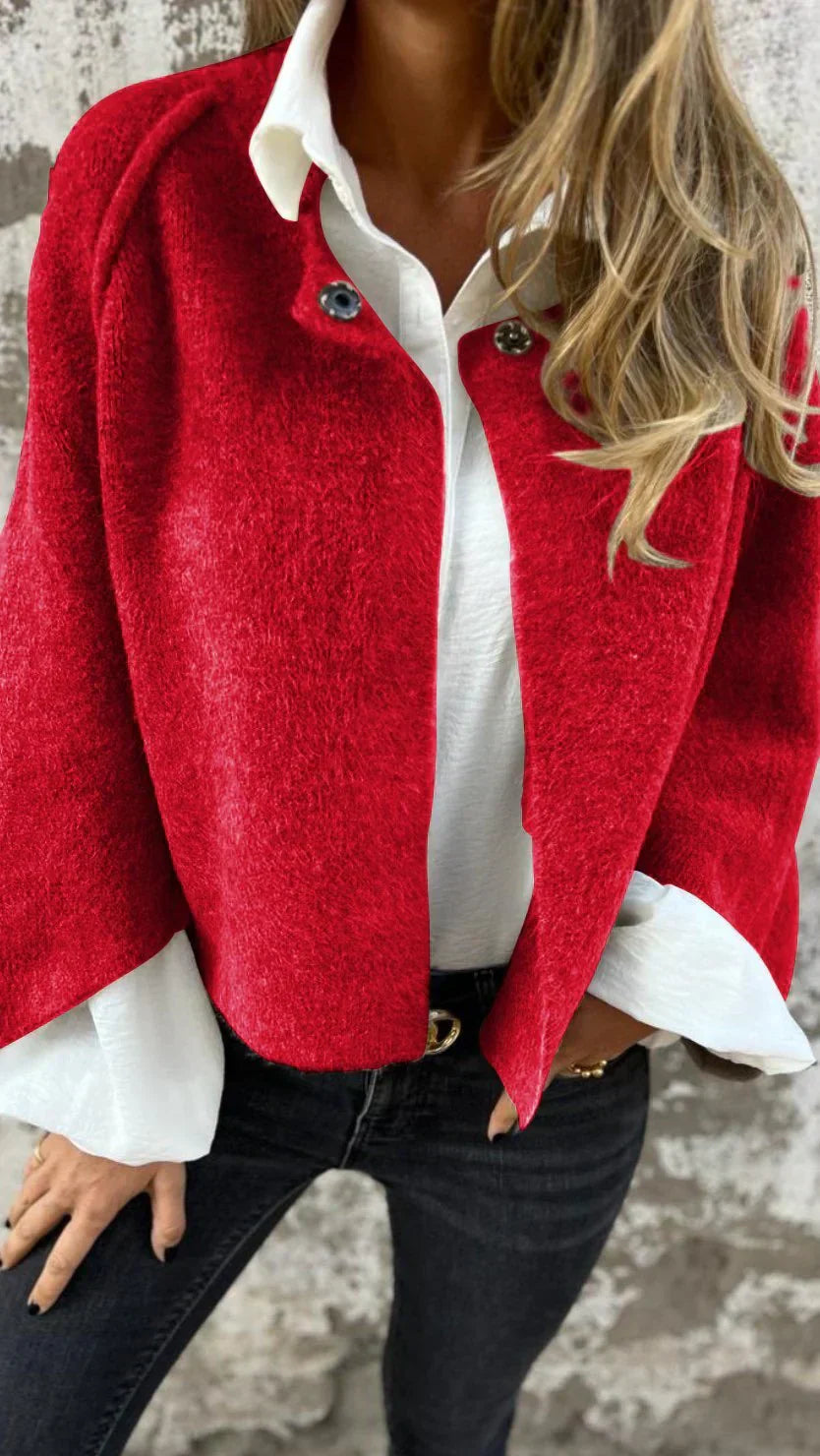 Women's Short Jacket - Wool Blend - Relaxed Fit - Open Front - Button Details