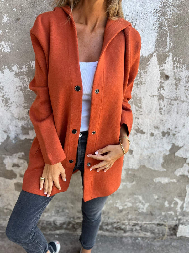 Women's Long Jacket - Wool Blend - Button Closure with Hood - Comfortable Fit