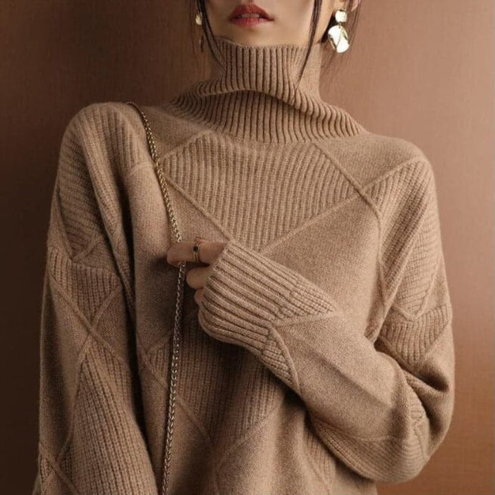 Women's Turtleneck Sweater - Knitted with Diamond Pattern - Soft and Comfortable