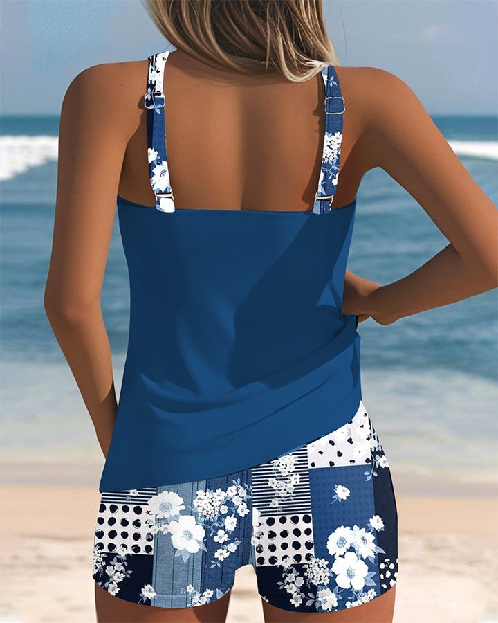 Two-Piece Boxer Style Swimsuit Set with Print Design