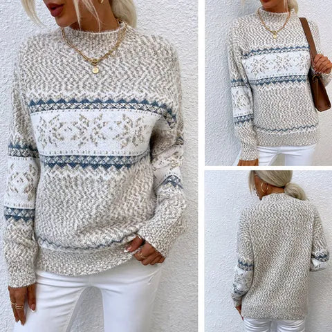 Women's Knit Sweater - Nordic Pattern - Soft Wool Blend - Round Neck - Long Sleeved