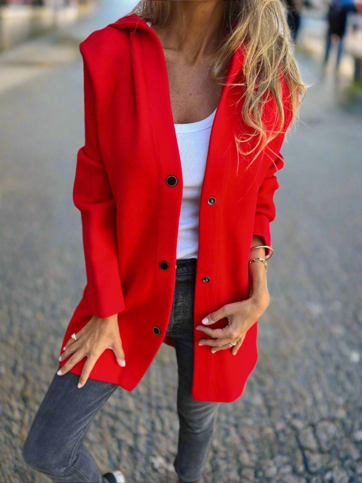 Women's Long Jacket - Wool Blend - Button Closure with Hood - Comfortable Fit