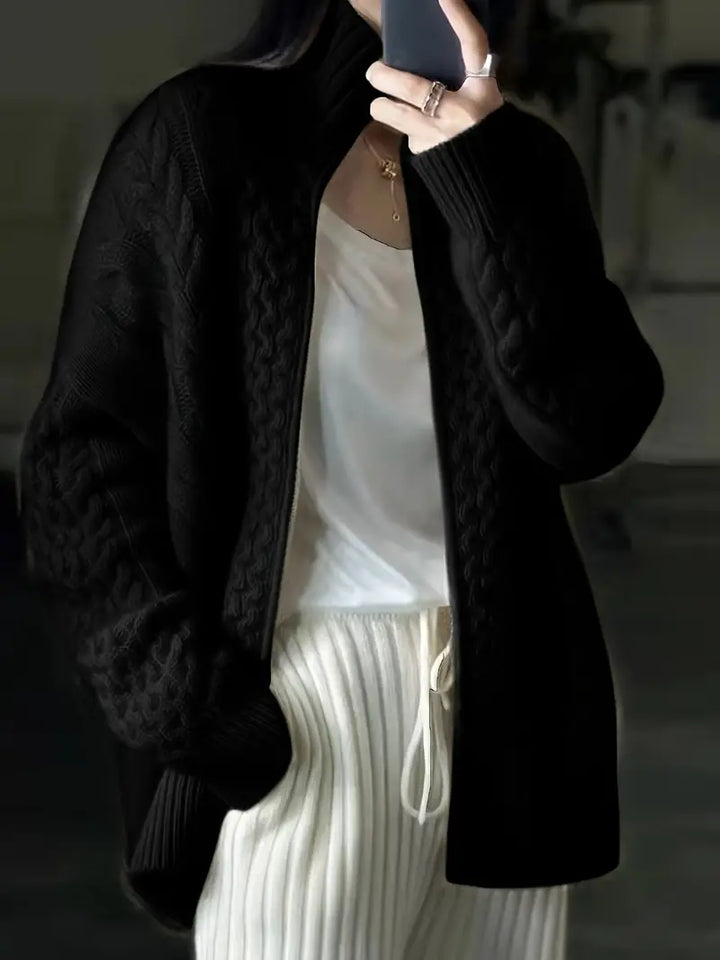 Woman's Cardigan - Cable Knit - High Collar with Zipper - Soft and Warm - Relaxed Fit