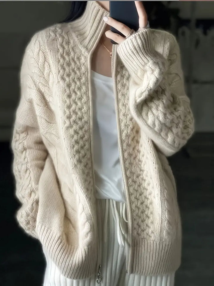 Woman's Cardigan - Cable Knit - High Collar with Zipper - Soft and Warm - Relaxed Fit