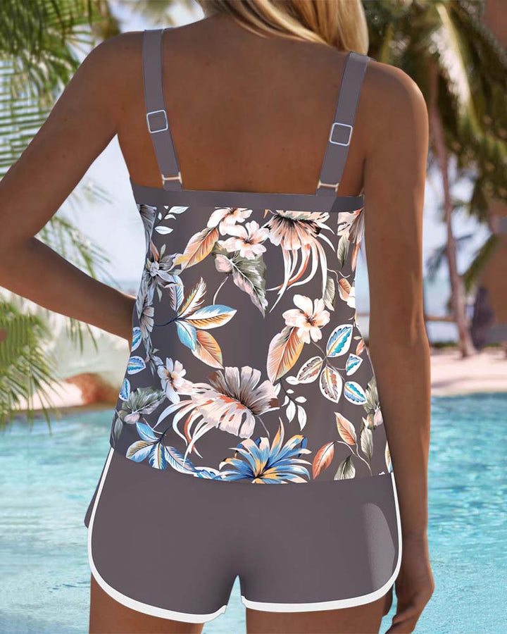 Sleeveless Tankini with U-Neckline and Pattern Design