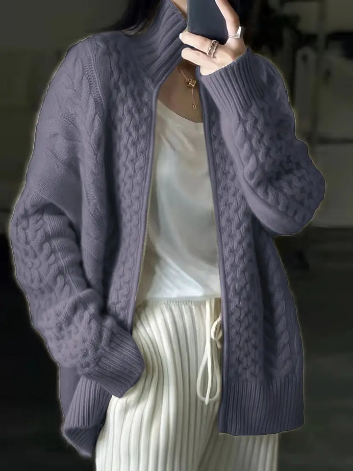 Woman's Cardigan - Cable Knit - High Collar with Zipper - Soft and Warm - Relaxed Fit