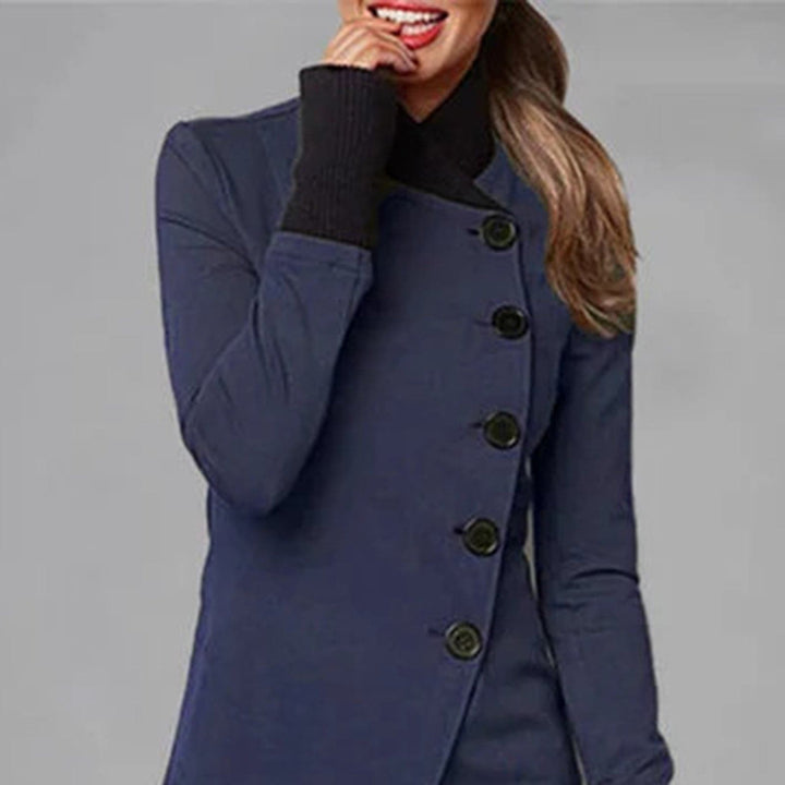 Women's Coat – Asymmetric Button Closure – High Collar – Long Sleeved – Elegant Fit