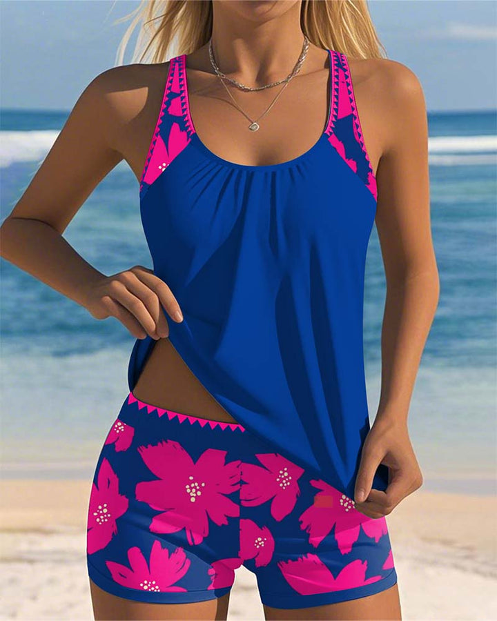 Sleeveless Tankini with U-Neck and Boxer Pattern