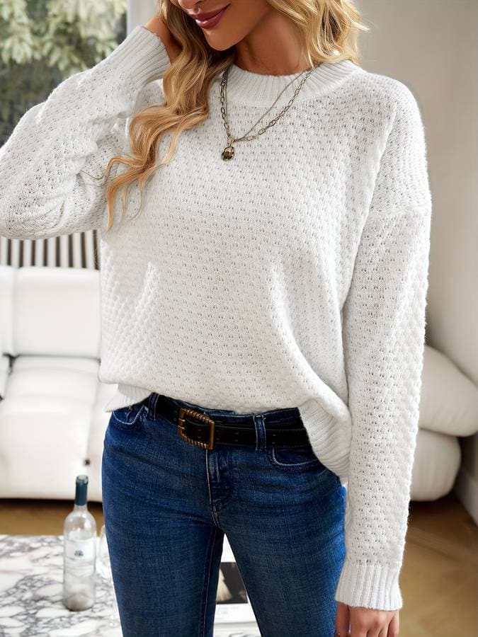 Women's Knit Sweater - Soft and Textured Knit - Relaxed Fit - Round Neck - Long Sleeves