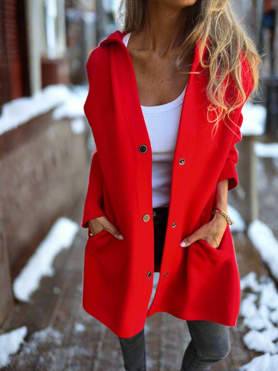 Women's Long Jacket - Wool Blend - Button Closure with Hood - Comfortable Fit