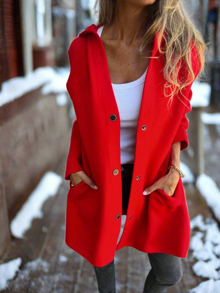 Women's Long Jacket - Wool Blend - Button Closure with Hood - Comfortable Fit