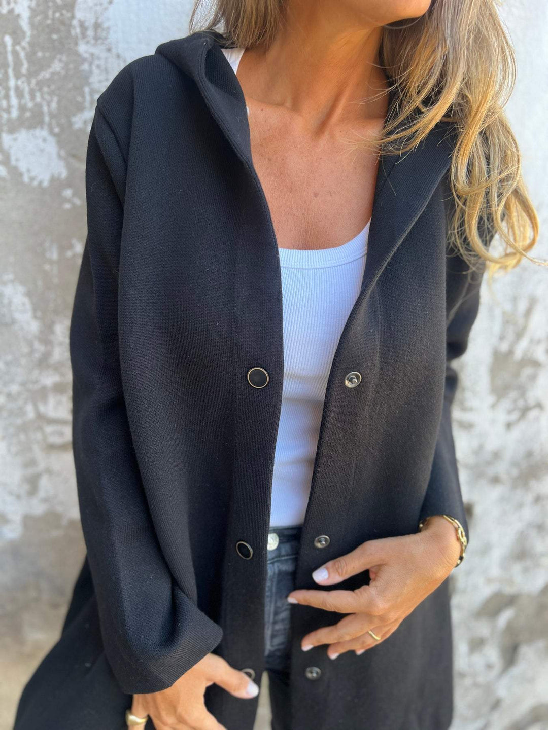 Women's Long Jacket - Wool Blend - Button Closure with Hood - Comfortable Fit