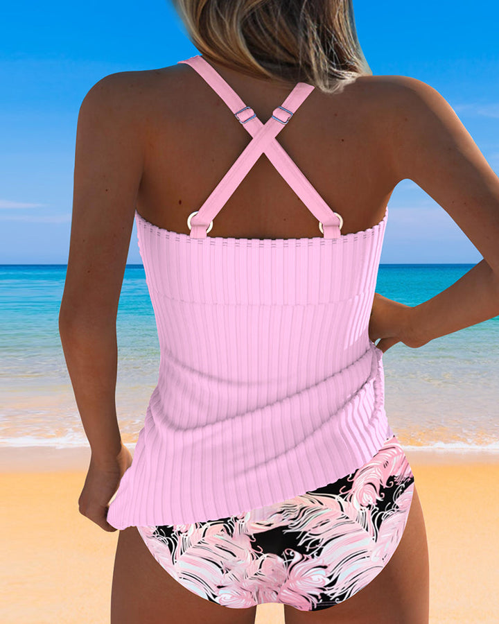 Two-Piece Tankini with Pleated Bustier and Triangle Pattern
