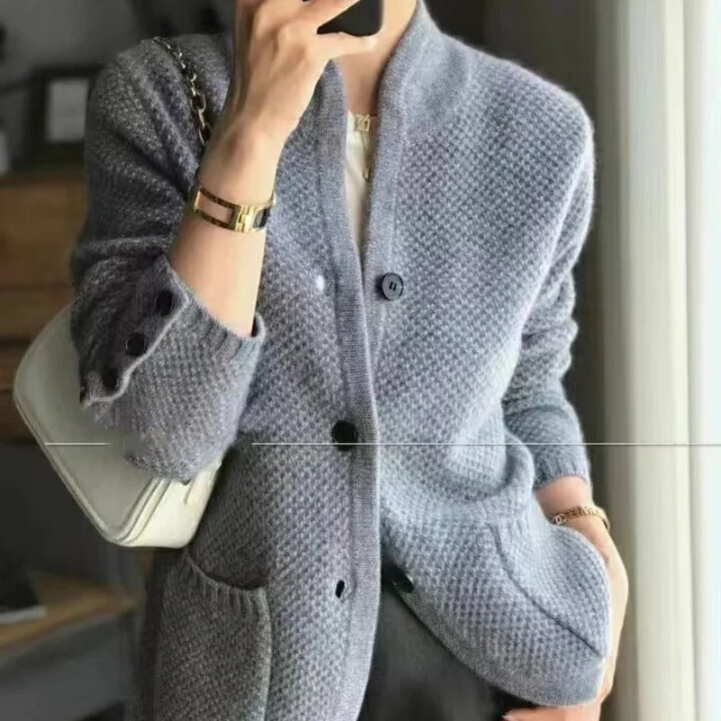 Women's Cardigan – Knitted Pattern – Button Closure – High Neck – With Pockets