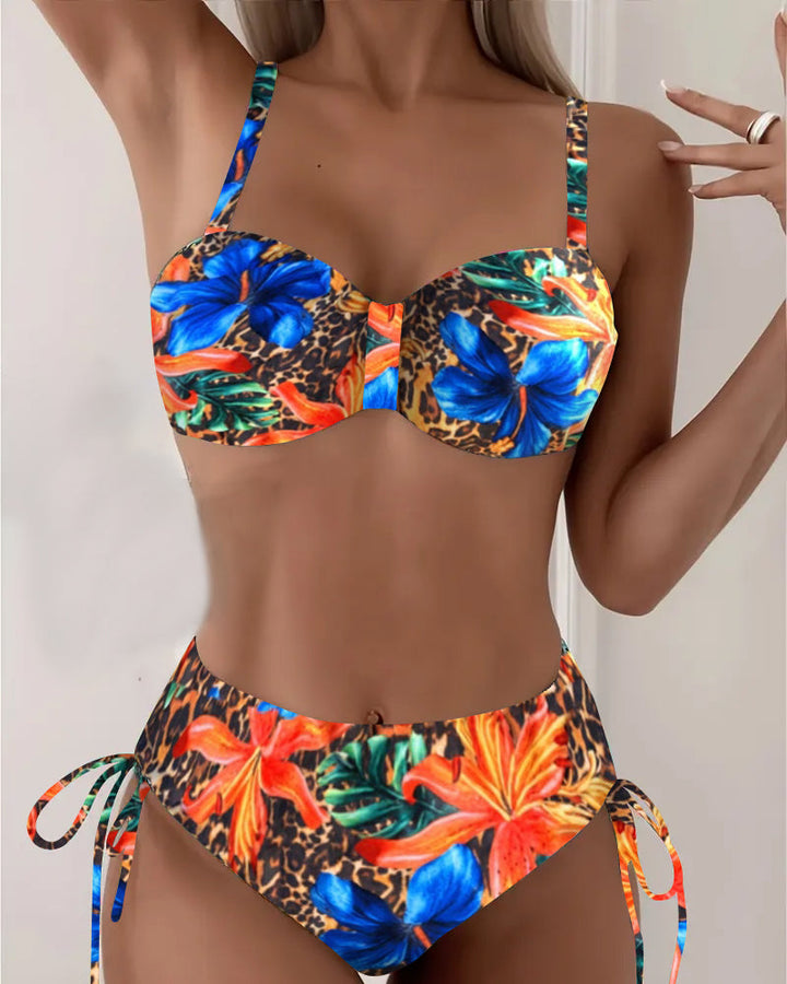 Bikini with Leopard and Floral Pattern - Bralette Style