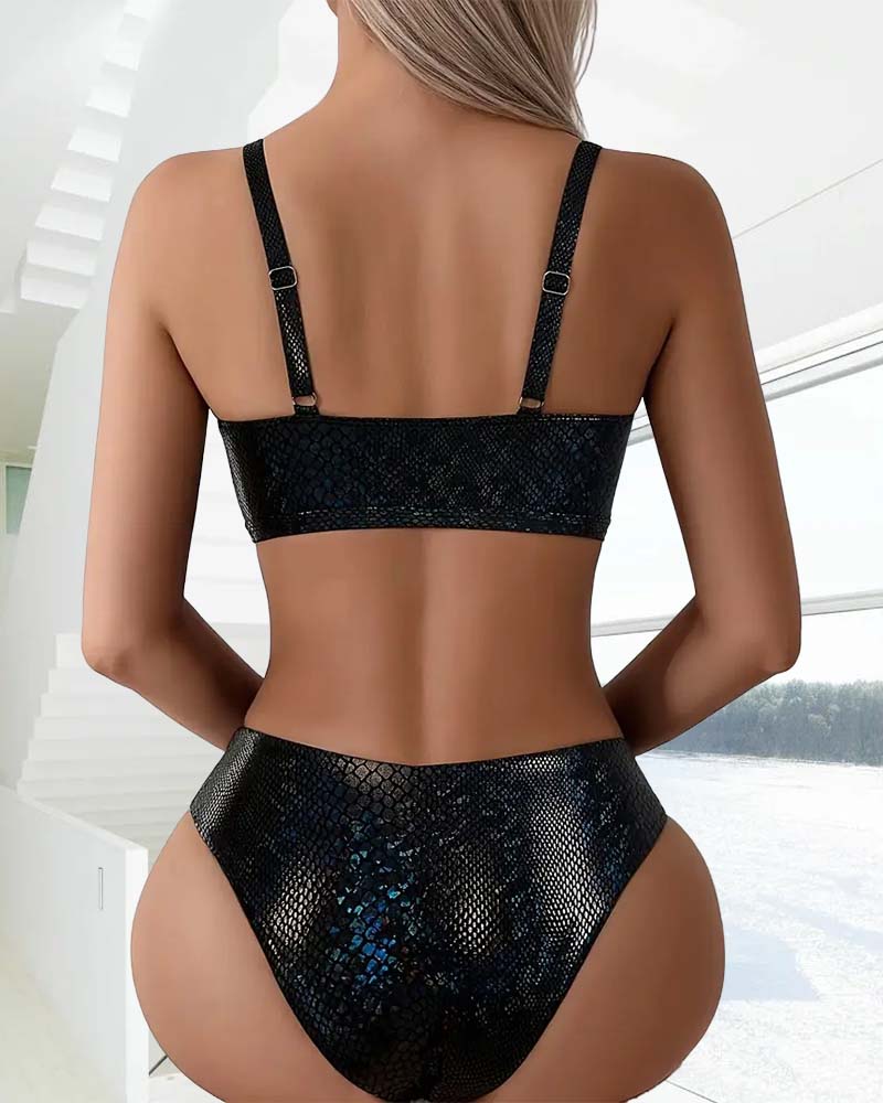 Triangle Cut High-Waisted Bikini Top with Snake Print