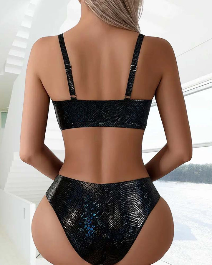 Triangle Cut High-Waisted Bikini Top with Snake Print