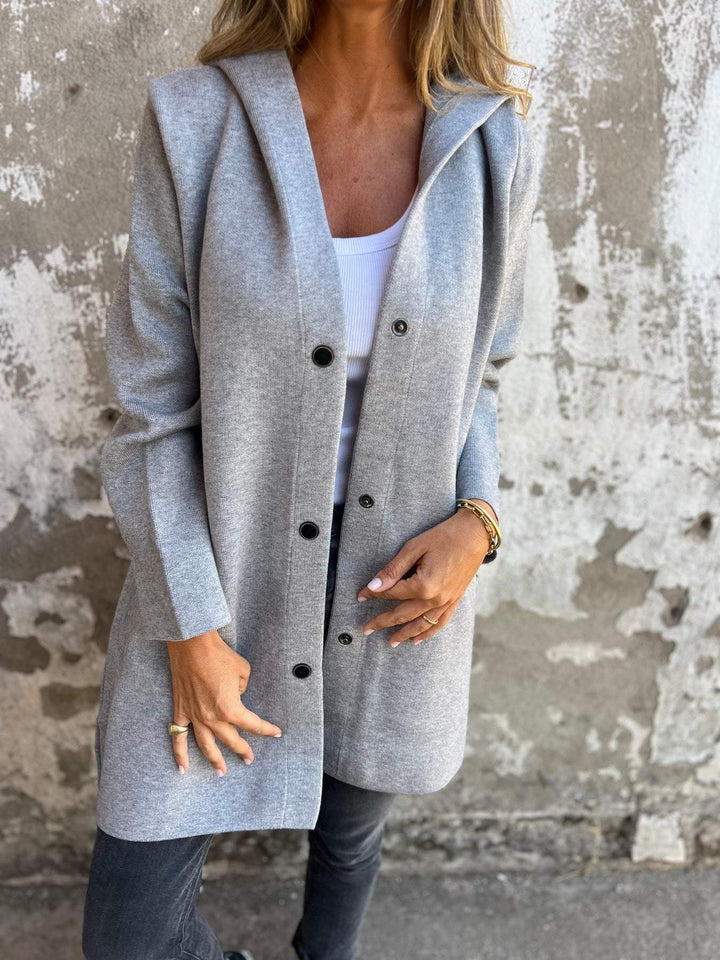 Women's Long Jacket - Wool Blend - Button Closure with Hood - Comfortable Fit