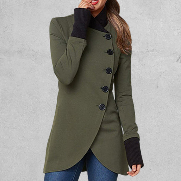 Women's Coat – Asymmetric Button Closure – High Collar – Long Sleeved – Elegant Fit