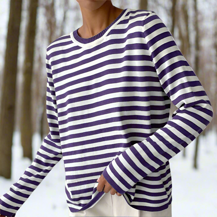 Women's Long-Sleeve T-shirt - Striped - Round Neck - Relaxed Fit - Breathable Cotton