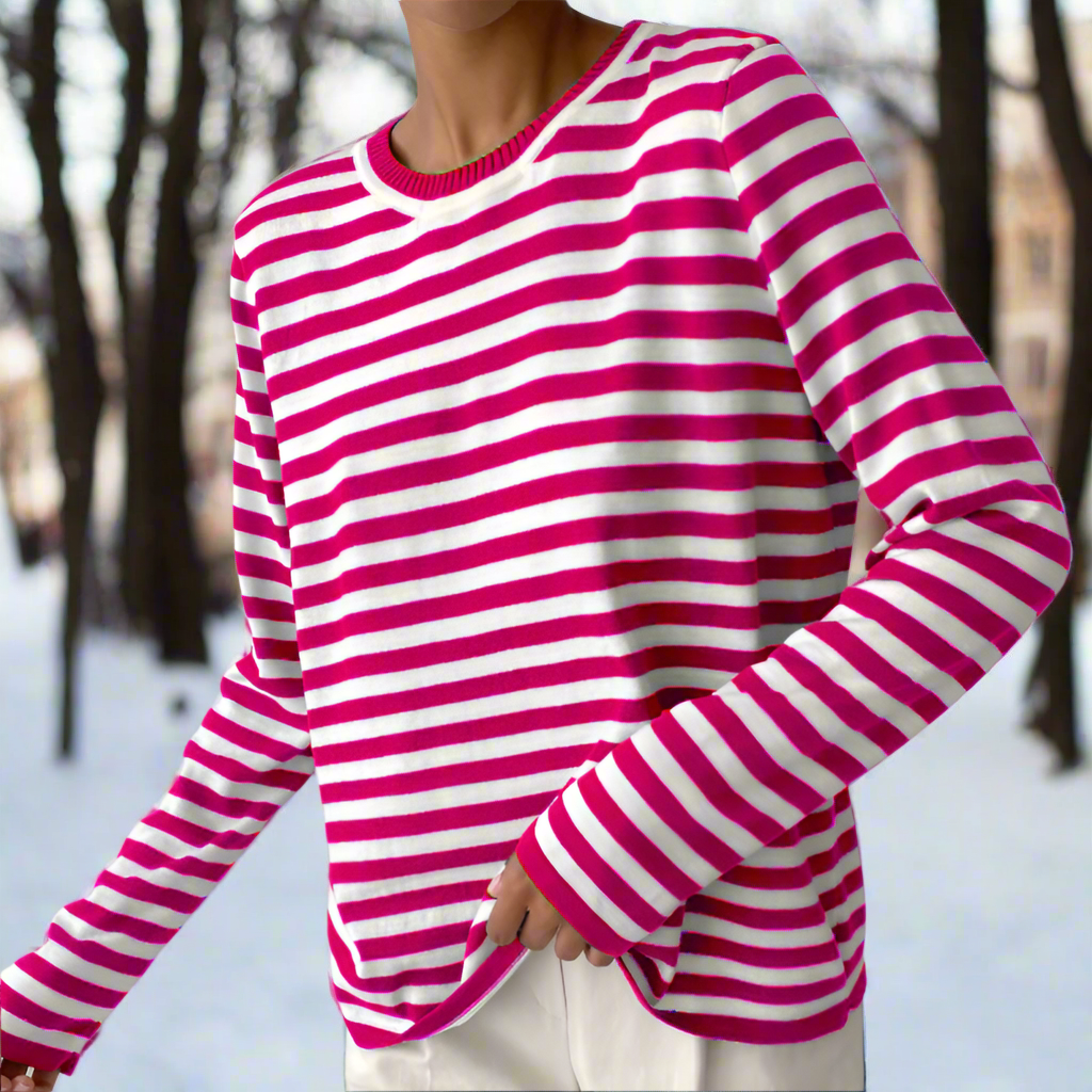 Women's Long-Sleeve T-shirt - Striped - Round Neck - Relaxed Fit - Breathable Cotton