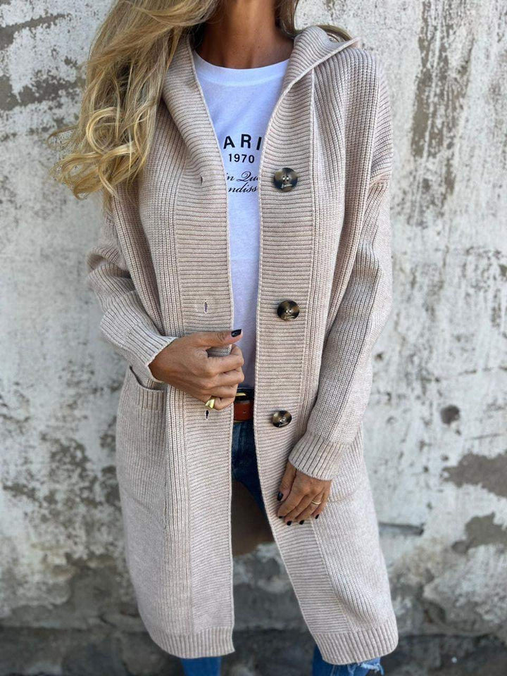 Women's Cardigan - Long Open Front - Ribbed Knit - Button Closure & Front Pockets