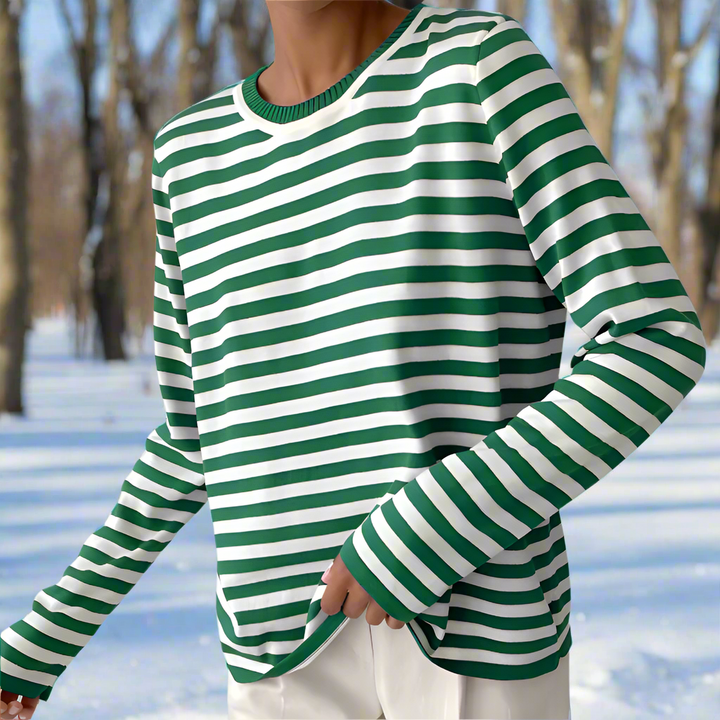 Women's Long-Sleeve T-shirt - Striped - Round Neck - Relaxed Fit - Breathable Cotton
