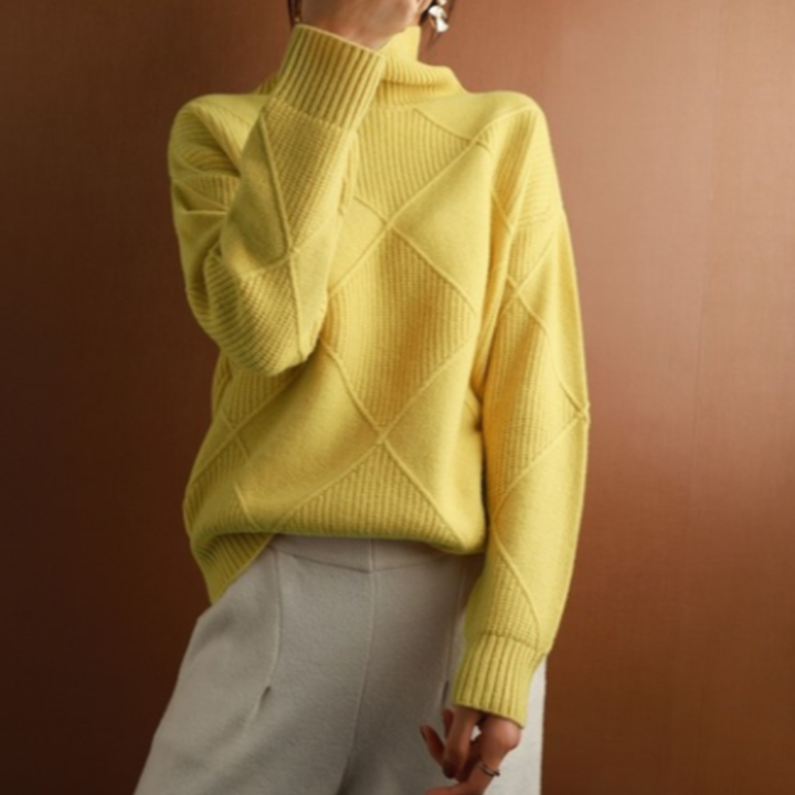 Women's Turtleneck Sweater - Knitted with Diamond Pattern - Soft and Comfortable