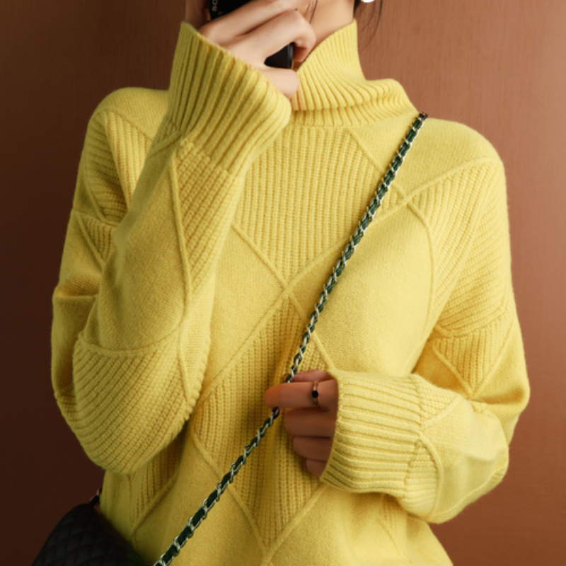 Women's Turtleneck Sweater - Knitted with Diamond Pattern - Soft and Comfortable