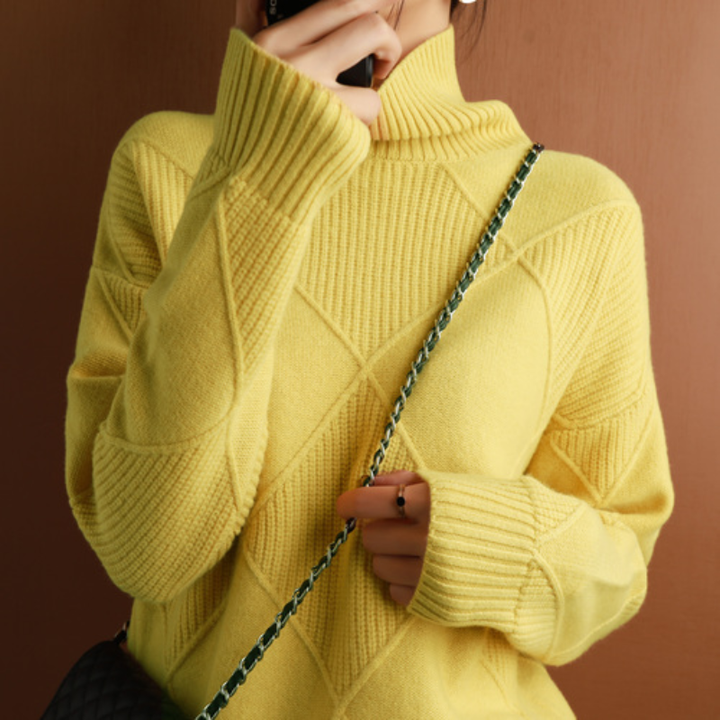 Women's Turtleneck Sweater - Knitted with Diamond Pattern - Soft and Comfortable