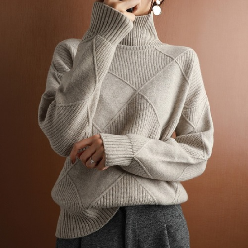 Women's Turtleneck Sweater - Knitted with Diamond Pattern - Soft and Comfortable
