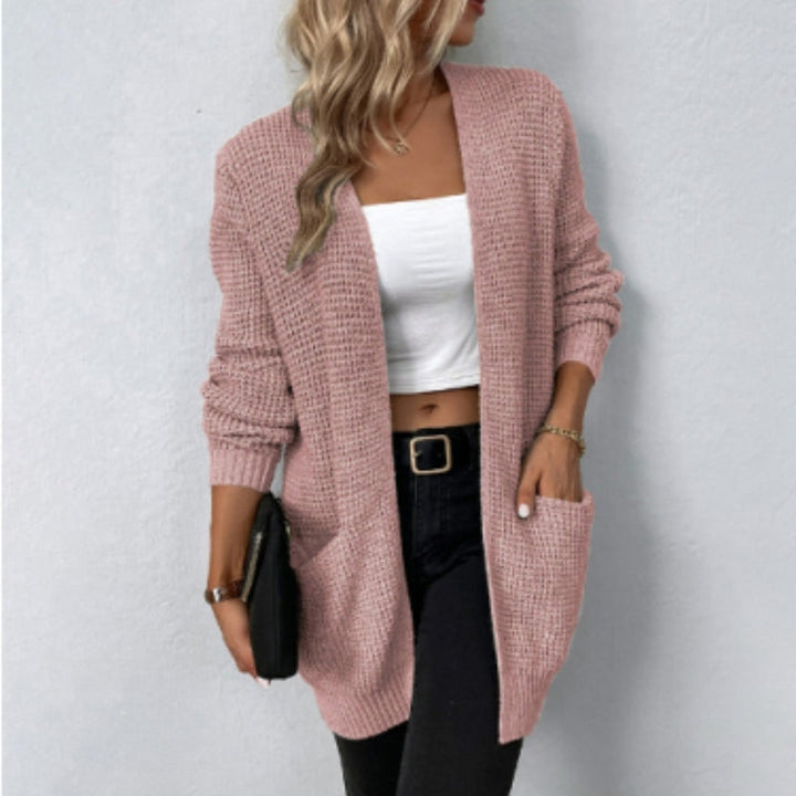 Women's Cardigan - Long Open Front - Knitted Texture - Soft Ribbed Edges - With Pockets