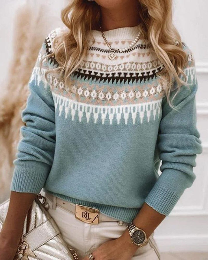 Women's Knit Sweater - Fair Isle Pattern - Round Neck - Long Sleeves - Ribbed Edges