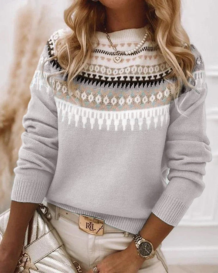 Women's Knit Sweater - Fair Isle Pattern - Round Neck - Long Sleeves - Ribbed Edges