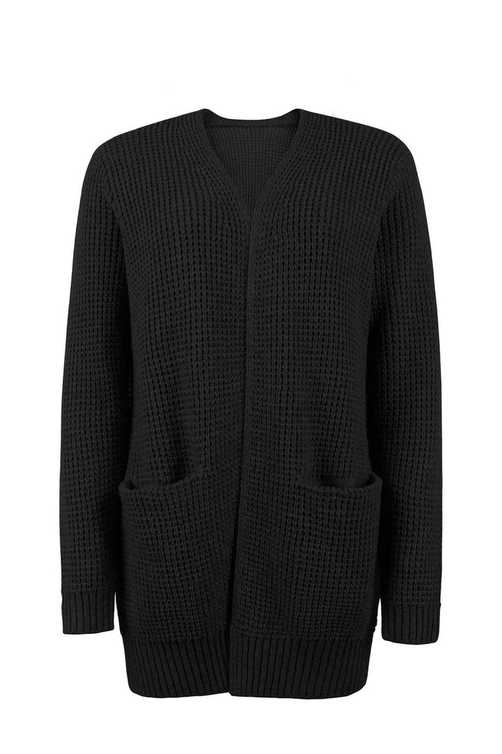 Women's Cardigan - Long Open Front - Knitted Texture - Soft Ribbed Edges - With Pockets