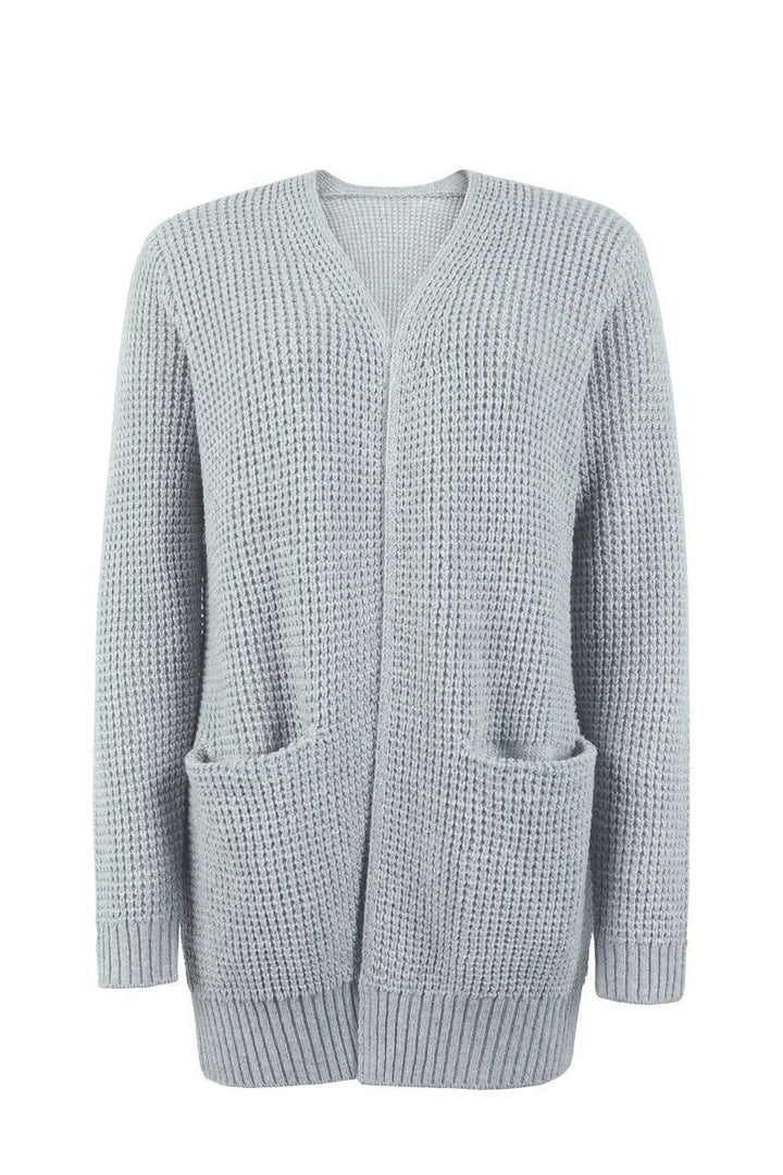 Women's Cardigan - Long Open Front - Knitted Texture - Soft Ribbed Edges - With Pockets