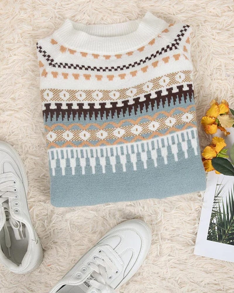 Women's Knit Sweater - Fair Isle Pattern - Round Neck - Long Sleeves - Ribbed Edges