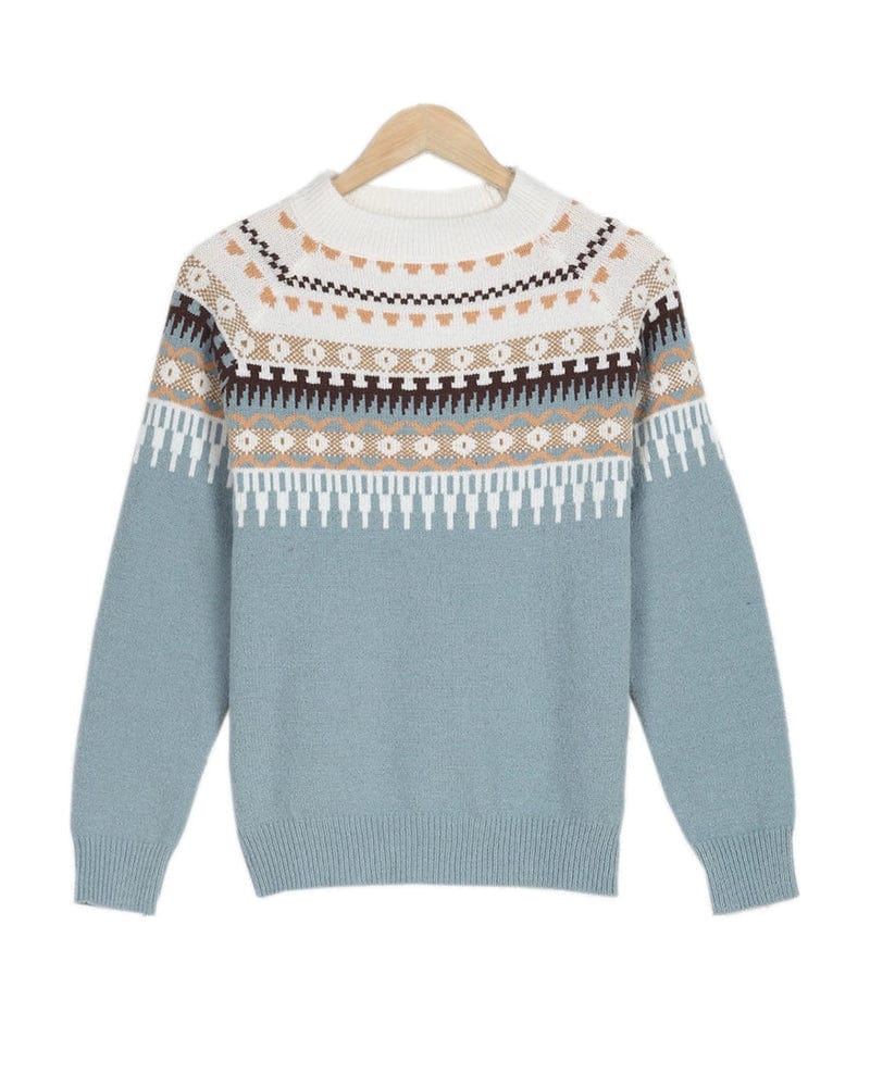 Women's Knit Sweater - Fair Isle Pattern - Round Neck - Long Sleeves - Ribbed Edges