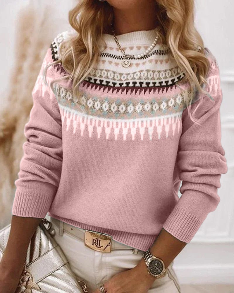 Women's Knit Sweater - Fair Isle Pattern - Round Neck - Long Sleeves - Ribbed Edges