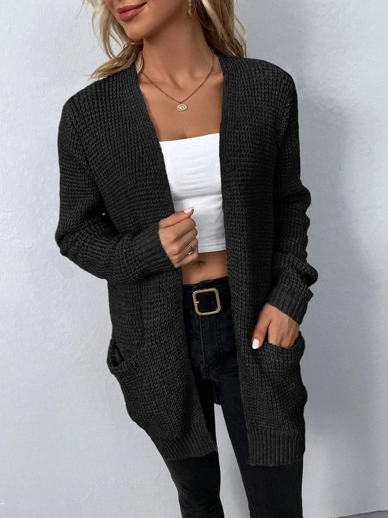 Women's Cardigan - Long Open Front - Knitted Texture - Soft Ribbed Edges - With Pockets