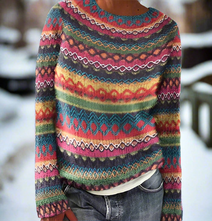 Women's Knit Sweater - Patterned Design - Long-Sleeved - Relaxed Fit