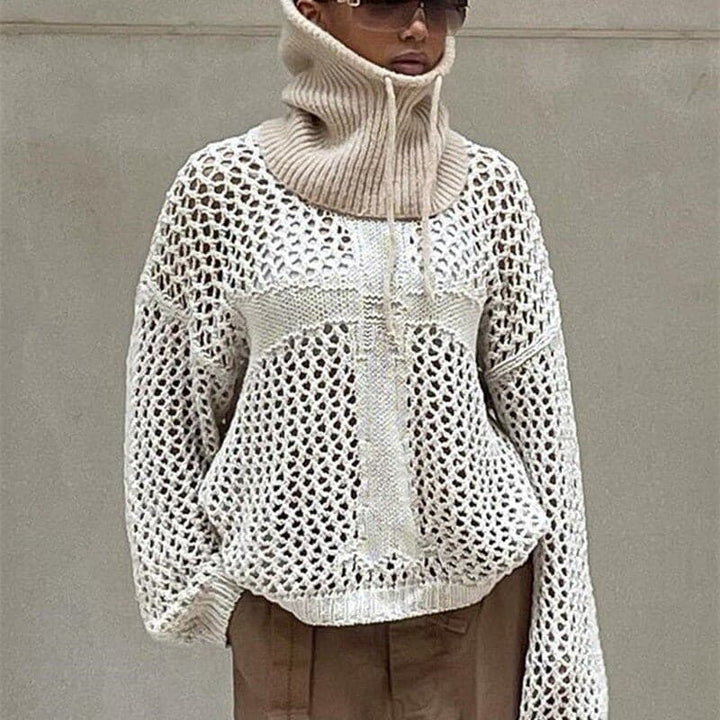 Women's Knit Sweater - Oversized Fit - Chunky Open Knit - High Neck with Drawstring