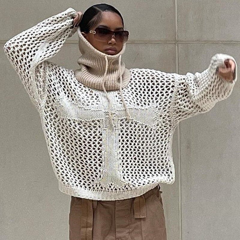 Women's Knit Sweater - Oversized Fit - Chunky Open Knit - High Neck with Drawstring